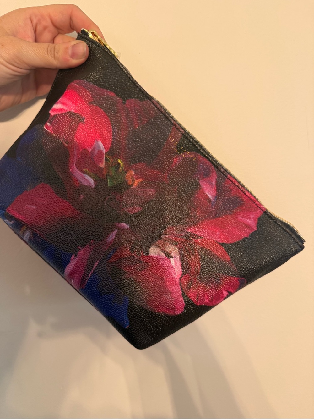 Ted Baker London Black Cosmetic Pouch with Pink Floral Print